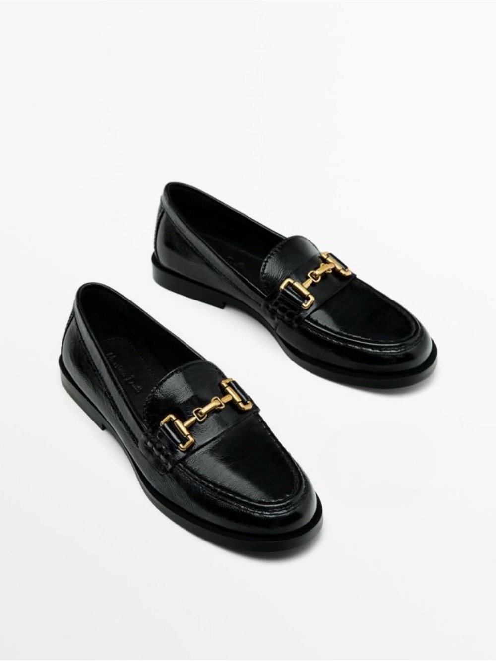 Massimo Dutti Black Glossy Leather Horsebit Loafers Chunky Sole US 6